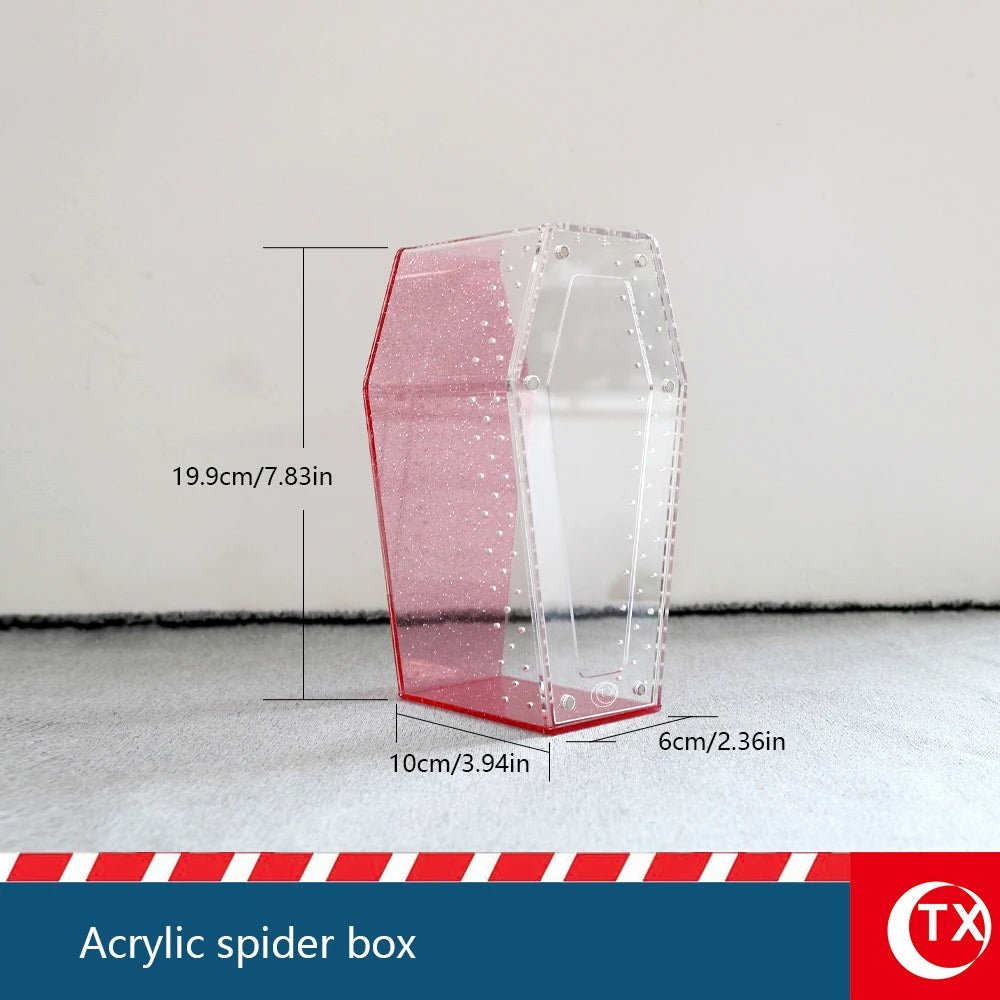 A clear acrylic spider box with pink glitter accents shown from the side.