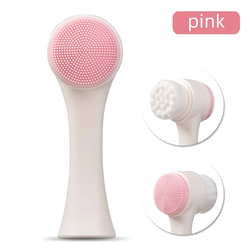 Pink dual-sided silicone pet paw cleaner and massage brush shown in various angles