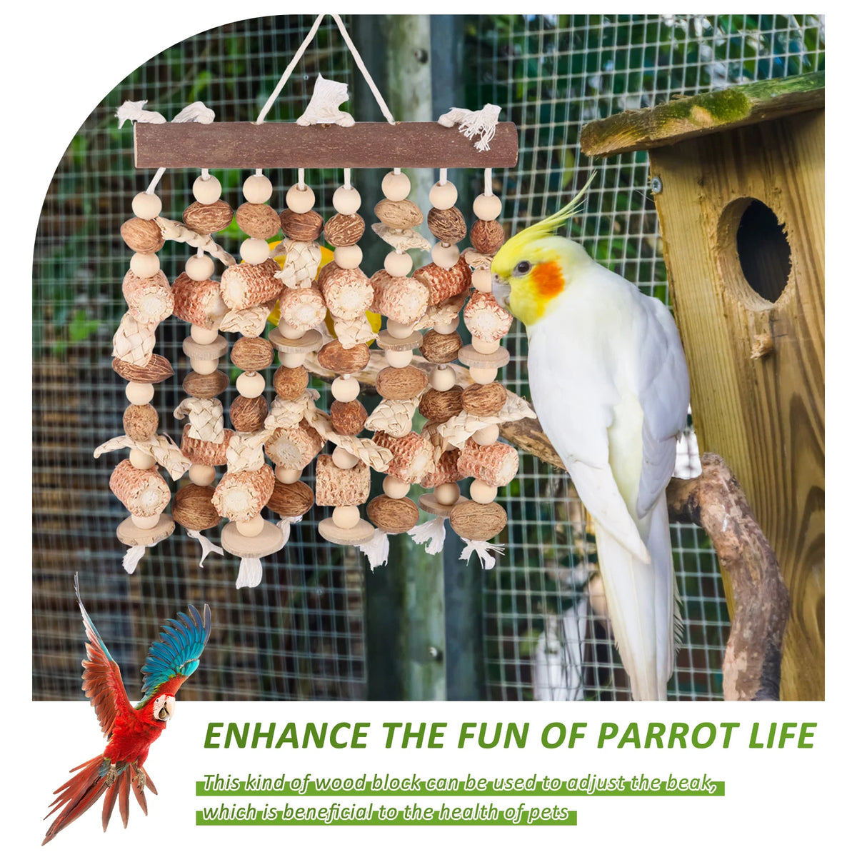 A natural wood block parrot chewing and climbing toy hanging in a garden setting with a white parrot nearby.