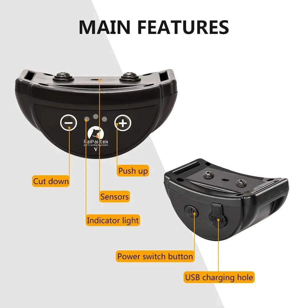 Black rechargeable anti-bark dog collar showing features like sensors, indicator light, power switch, and USB charging hole.