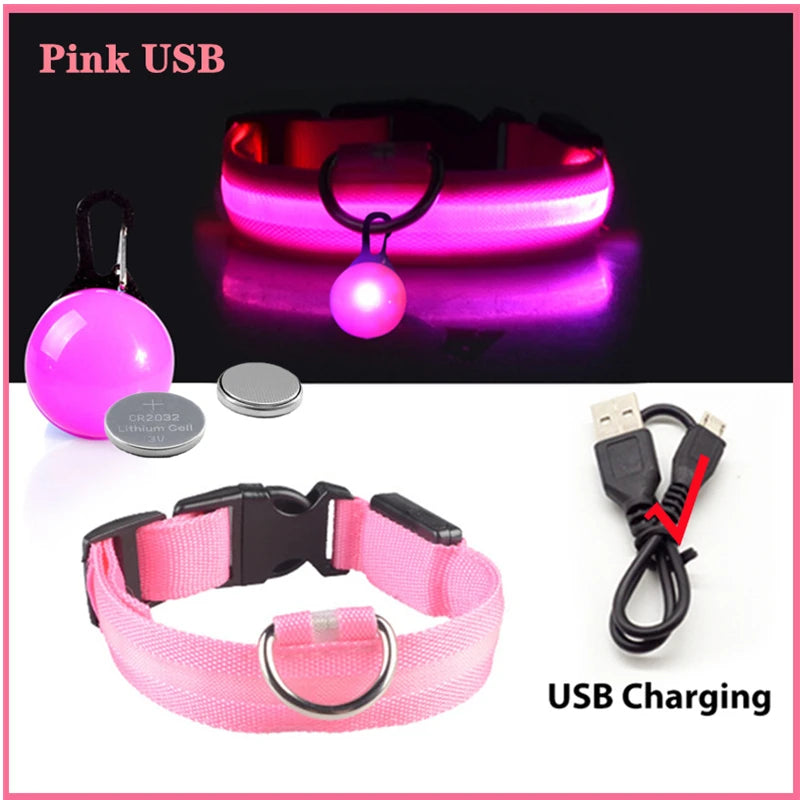 Pink USB rechargeable dog collar with a safety pendant and charging cable
