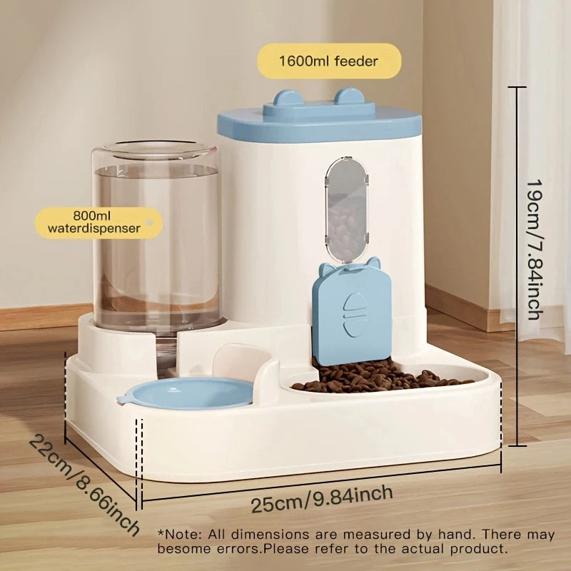 A white gravity-fed pet feeder and water dispenser combo featuring a 1600ml feeder and an 800ml water dispenser.