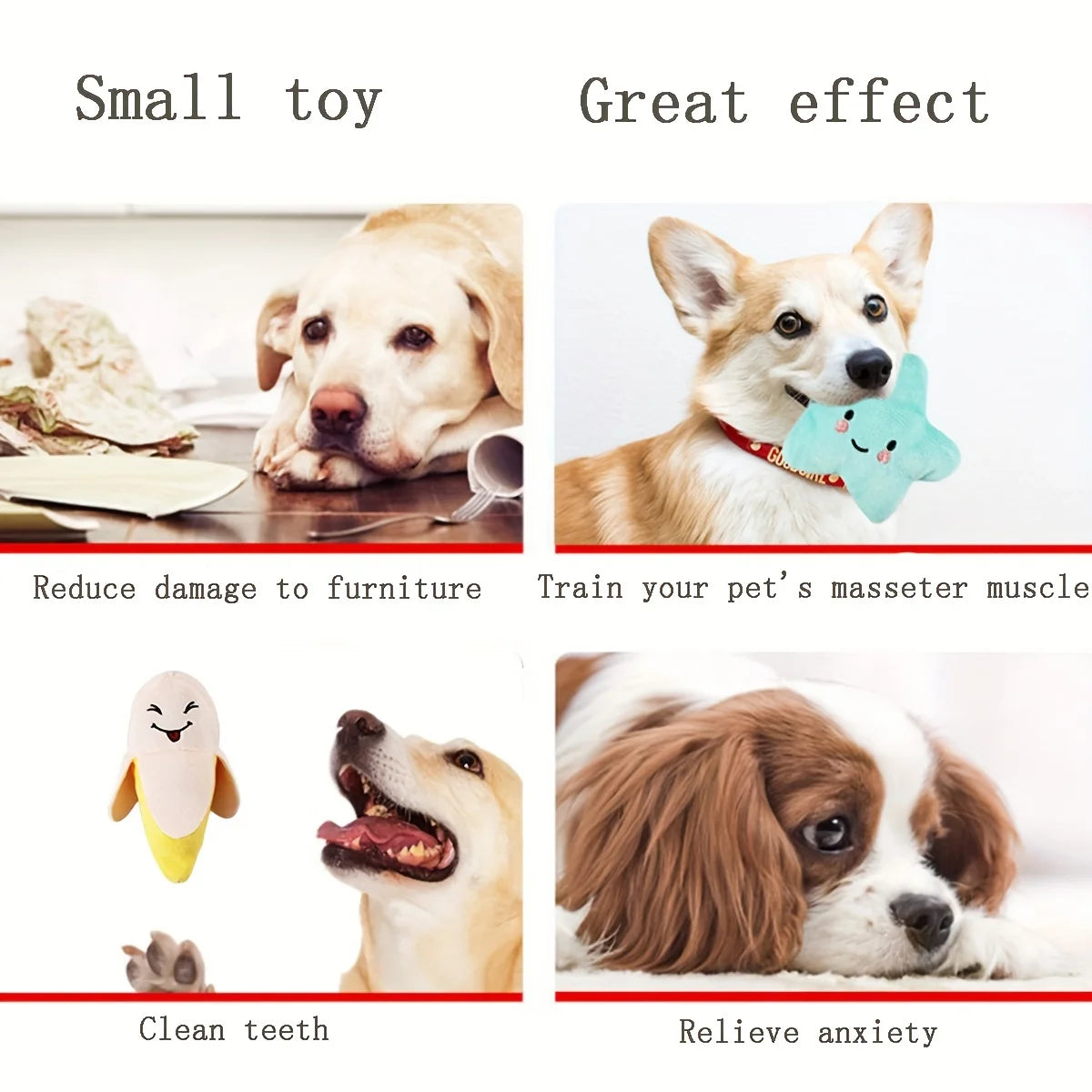 A collection of small dog toys demonstrating benefits like reducing furniture damage, training muscle, cleaning teeth, and re