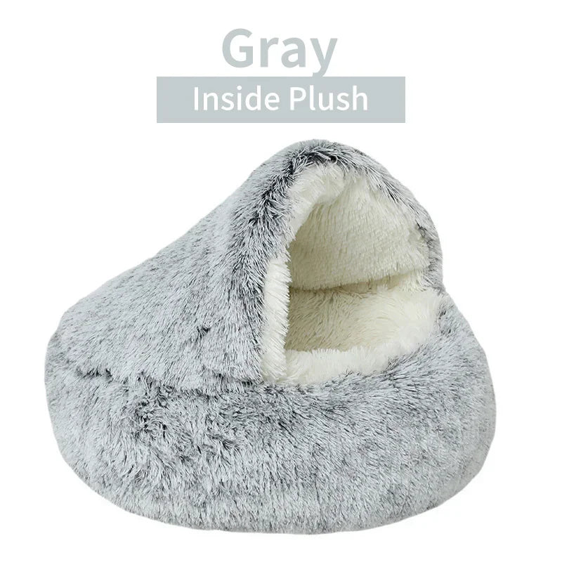 Winter Plush Round Cat Bed 2-in-1 Warm Cat House