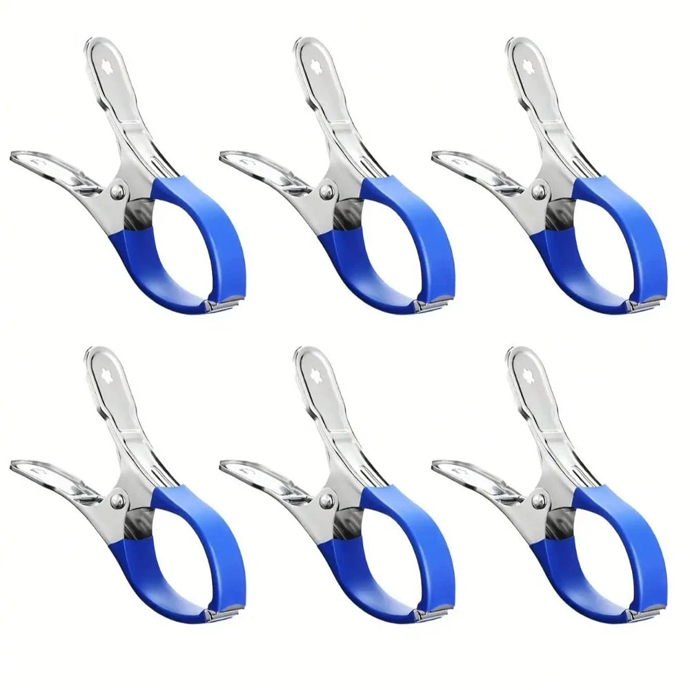 Six stainless steel pool cover clamps with blue handles shown in various angles