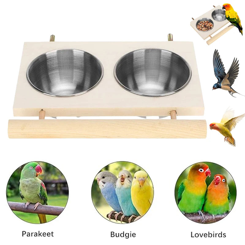 Abreuvoir et Mangeoire en Acier Inoxydable avec Pied en Bois