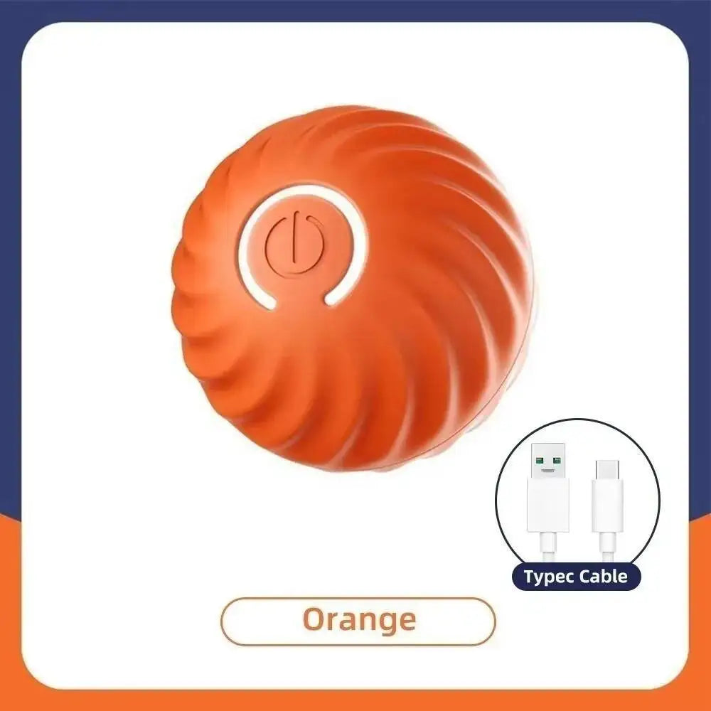 An orange interactive pet ball for dogs and cats with a white activation button.