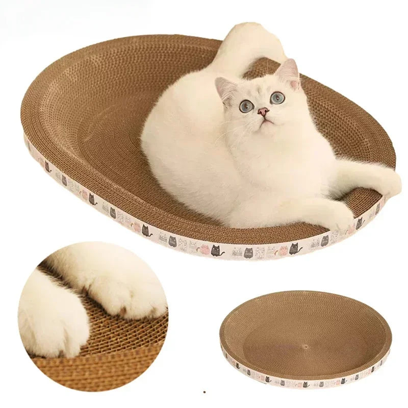 A white cat is relaxing on a brown corrugated pad designed as a cat scratcher.
