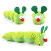Green plush cat toy resembling a caterpillar with large green ears and a red mouth