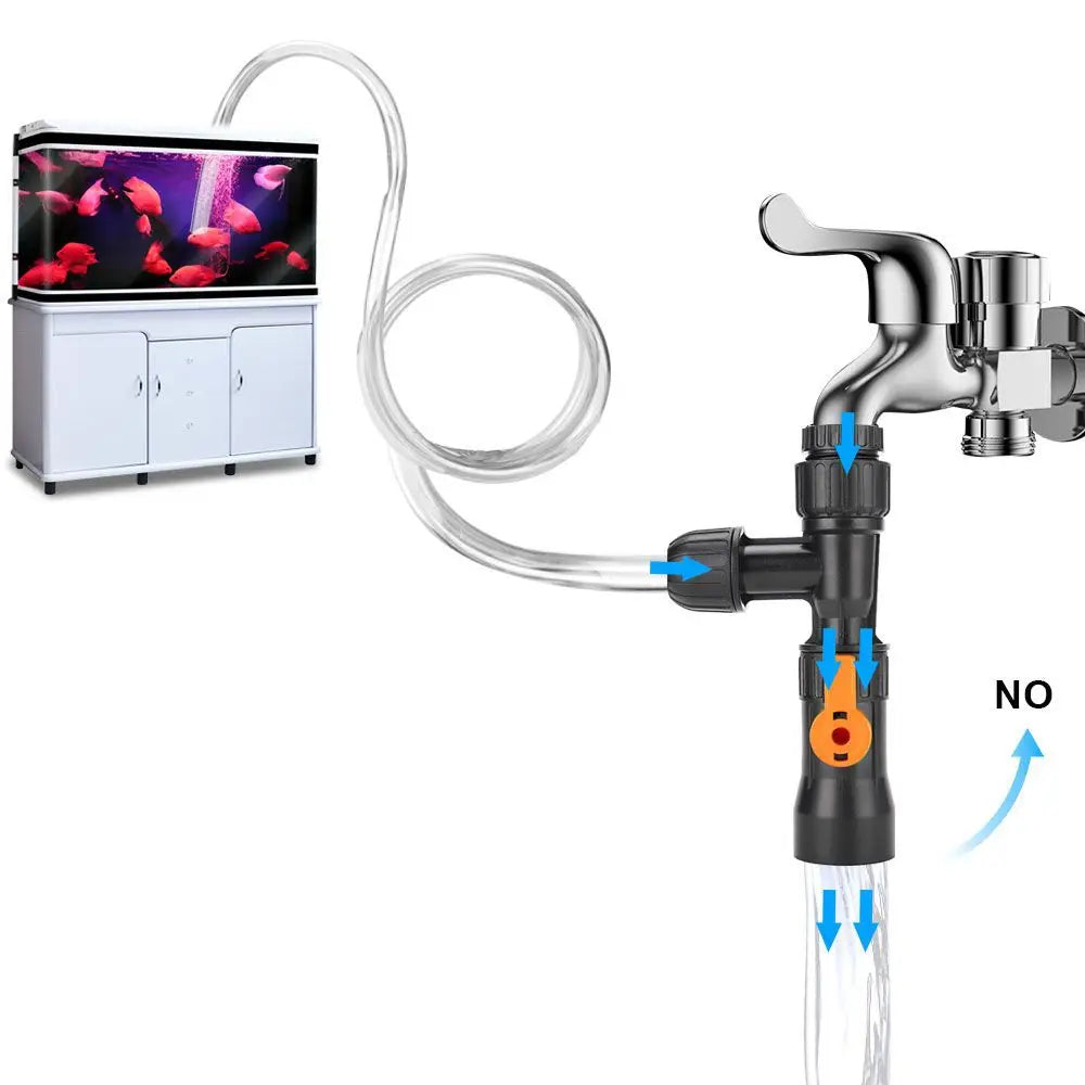 A silver siphon pump and tubing system for changing aquarium water, connected to a display unit.