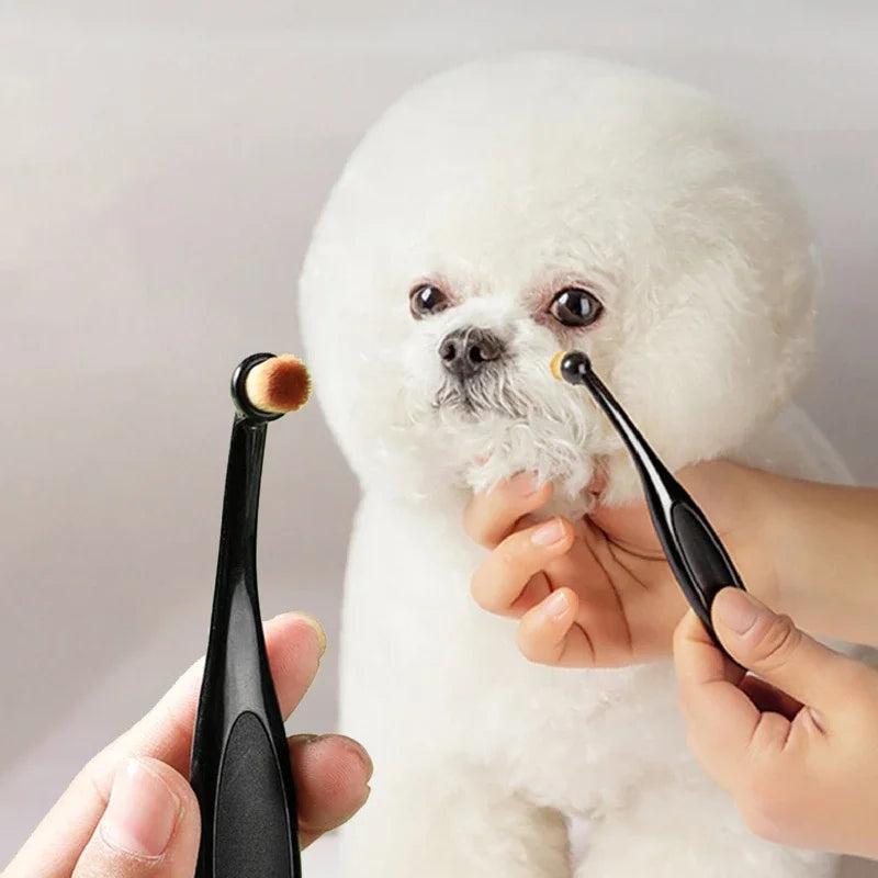 A person is using a black pet tear stain remover brush on a white dog with fluffy fur.