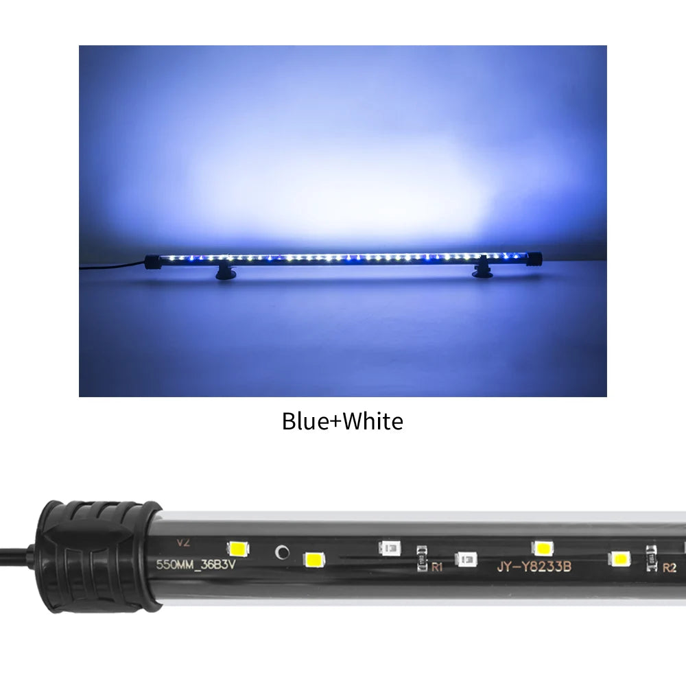A long, black LED light bar with multiple yellow and white lights is shown against a blue background.