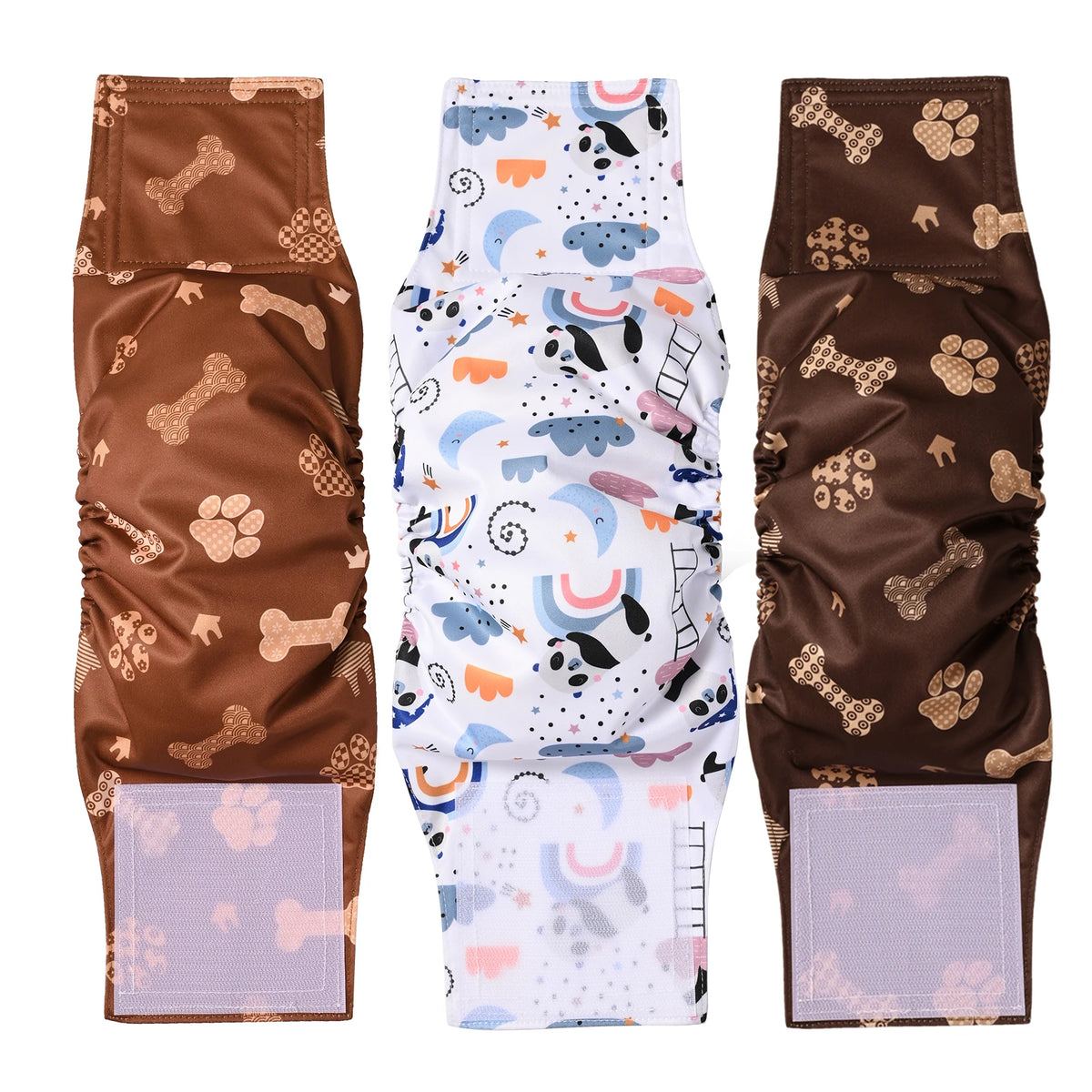 Three reusable adjustable belly bands for male dogs in brown and white patterns.