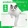 A white cat is standing on a white surface next to product dimensions showing 10 count and measurements.