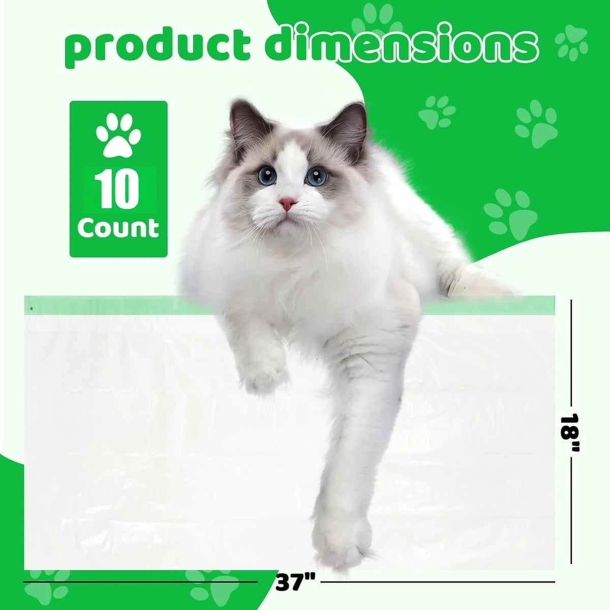 A white cat is standing on a white surface next to product dimensions showing 10 count and measurements.