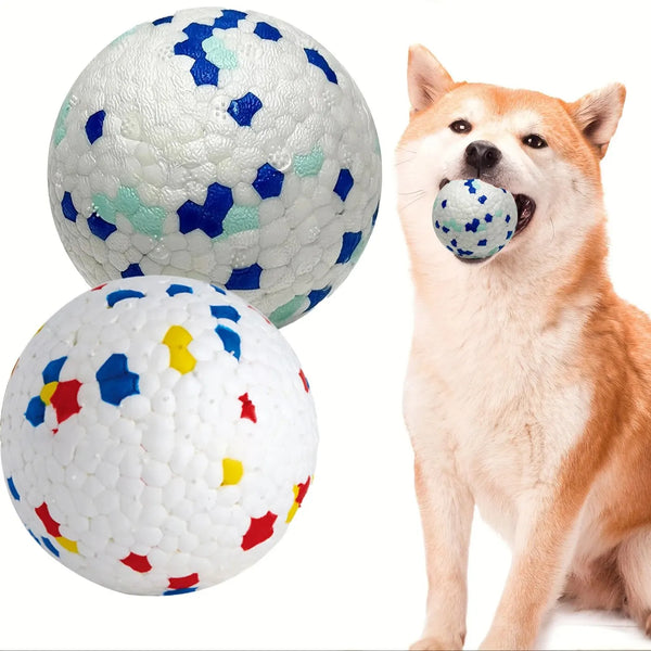 A light brown dog is looking at a white ball with blue and green patterns, next to another patterned ball.