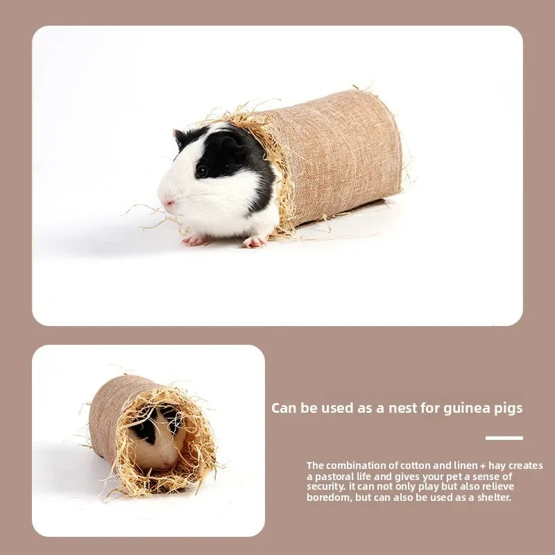 A guinea pig is shown inside a nest made of natural grass and linen for a pet hideout