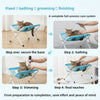 A four-step process showing a foldable pet bathing stand for cats, including securing the base, bathing, trimming, and final 