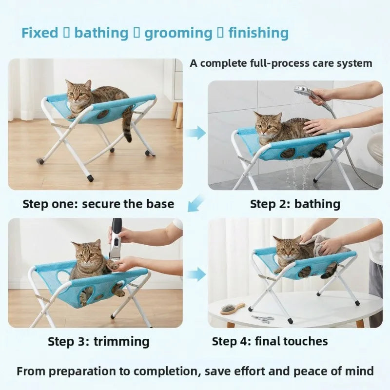 A four-step process showing a foldable pet bathing stand for cats, including securing the base, bathing, trimming, and final 