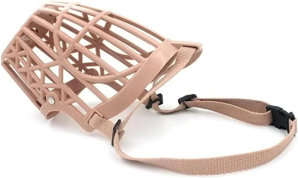 A beige adjustable anti-bite dog muzzle with a woven mesh design and quick-release buckle.
