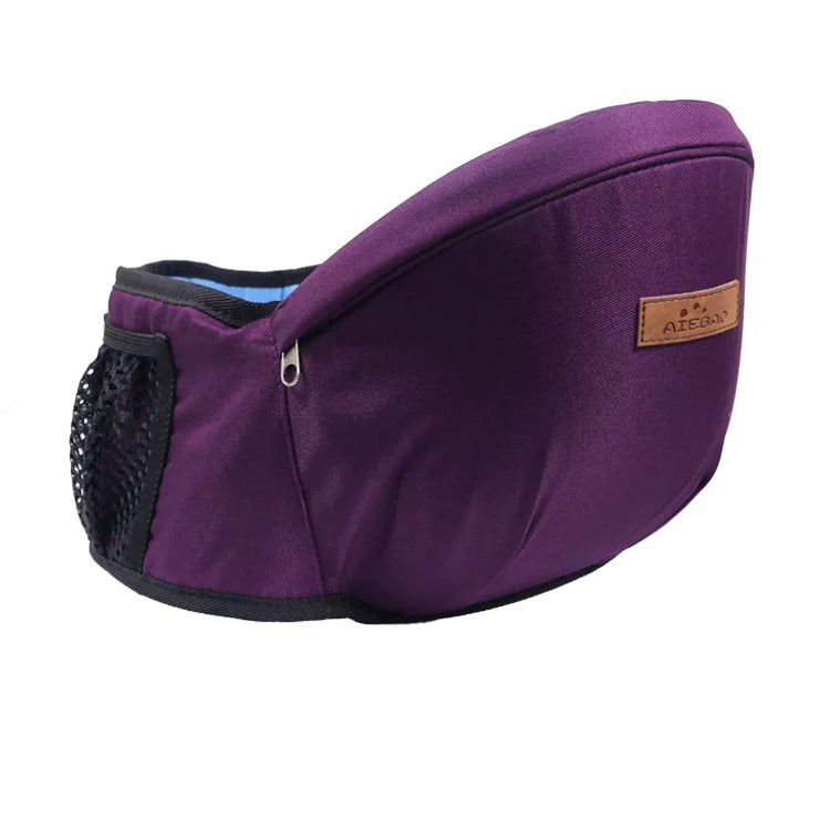 Portabebés ajustable morado con cinturón de cadera y cintura y panel de malla negra.