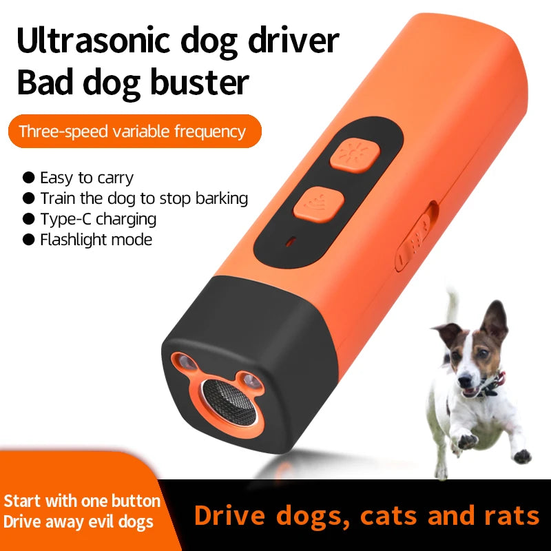 Orange ultrasonic dog driver device with a black base, designed to deter bad dogs.
