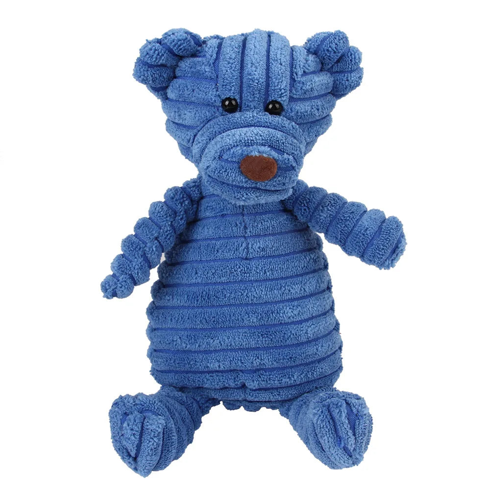 Jouet en peluche bleu texturé en forme d'ours pour le nettoyage dentaire.