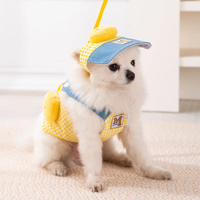Denim Dog Harness and Leash Set with Matching Hat