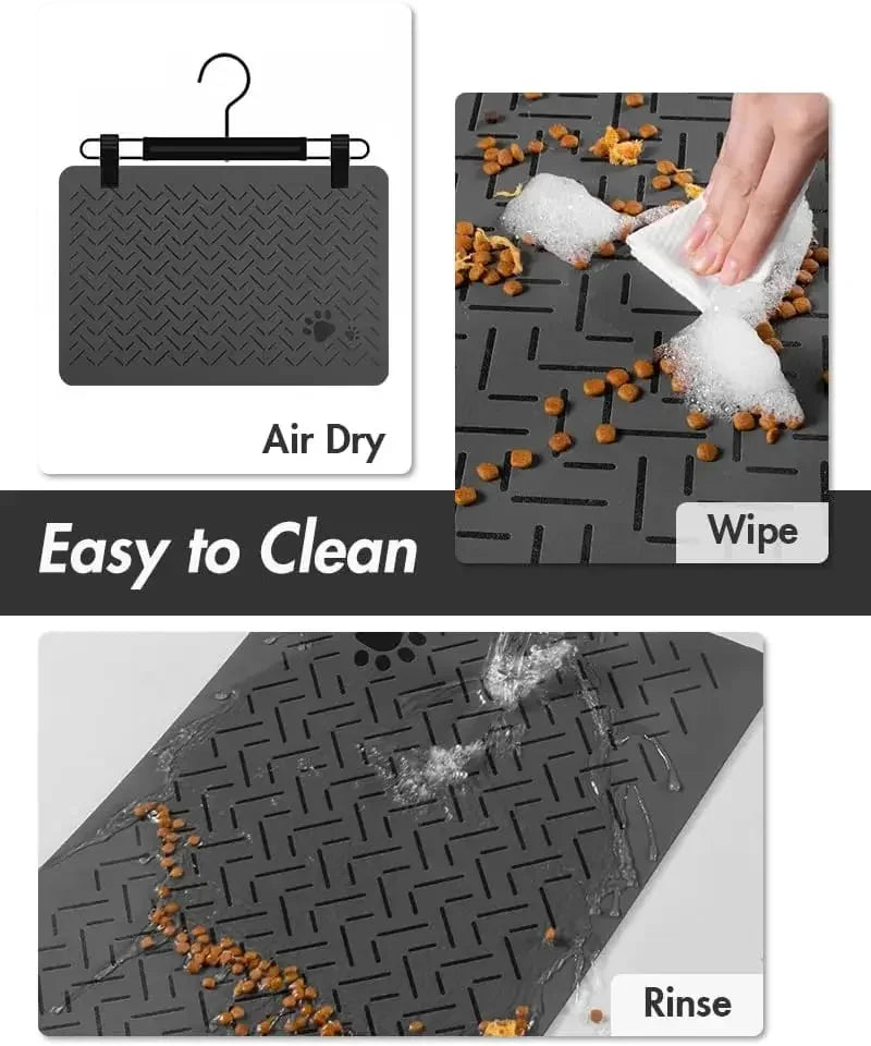 A pet feeding mat shown with three cleaning methods: Air Dry, Wipe, and Rinse.