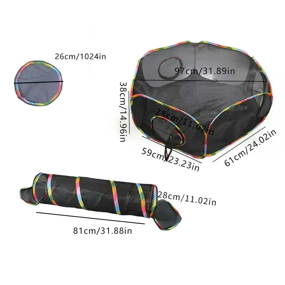 A foldable mesh cat play tunnel featuring a tent and cube structure, shown in various dimensions.