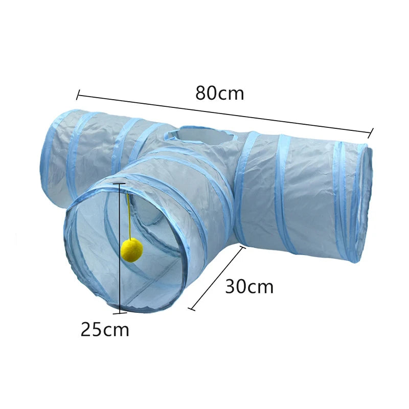 Light blue foldable cat tunnel with a peep hole, shown from the side.
