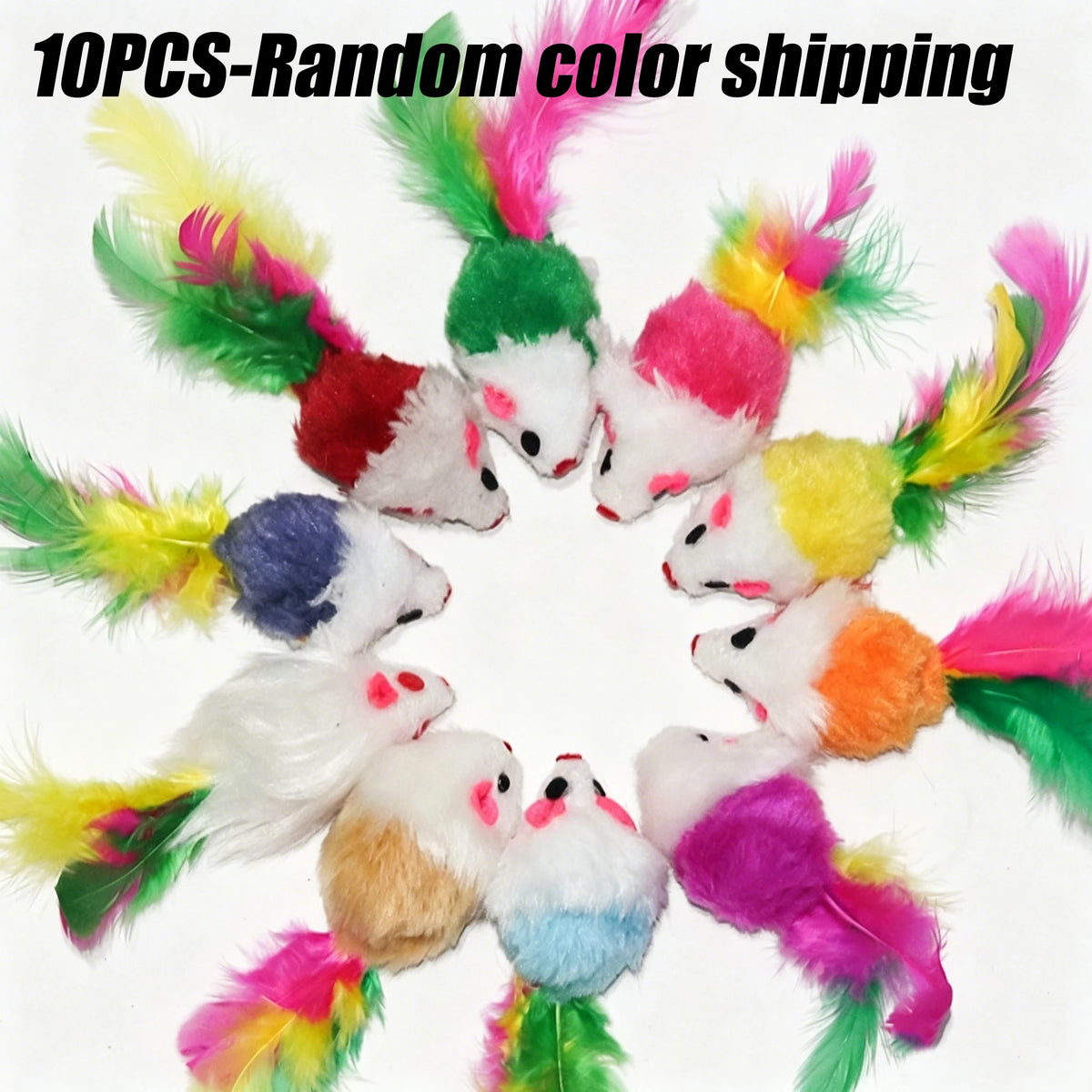 Ten pieces of random color plush mouse cat toys with feather tails shown in a circular arrangement.