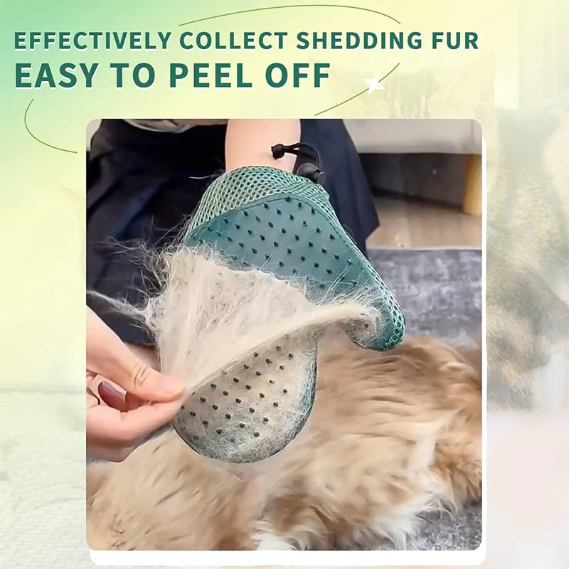 A hand is using a double-sided pet grooming glove to collect shedding hair from a cat's fur.