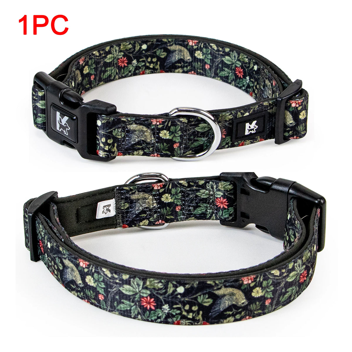 A black plaid polyester dog collar with a silver buckle and a small logo tag.