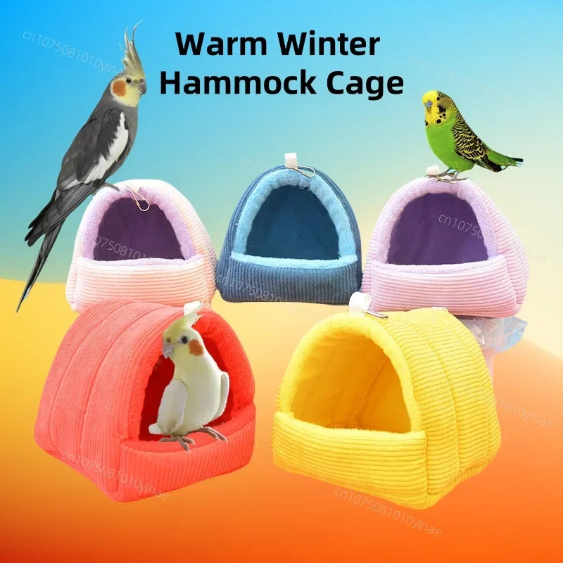 A collection of warm winter bird hammock cages and nests in various pastel colors like pink, blue, yellow, and orange.