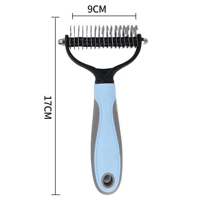 A light blue pet dematting and deshedding brush with a black handle and bristles.