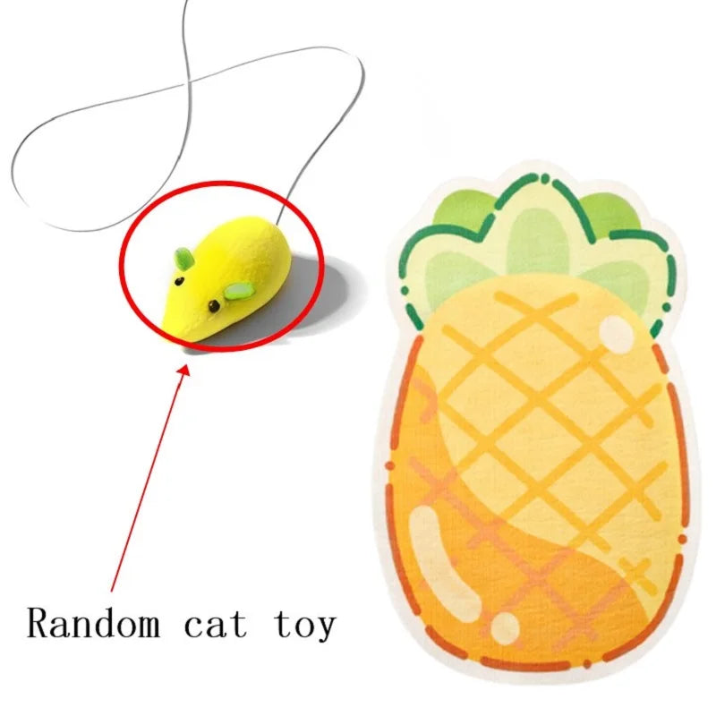 A yellow cat toy is shown being attached to a self-adhesive wall-mounted cat scratcher.