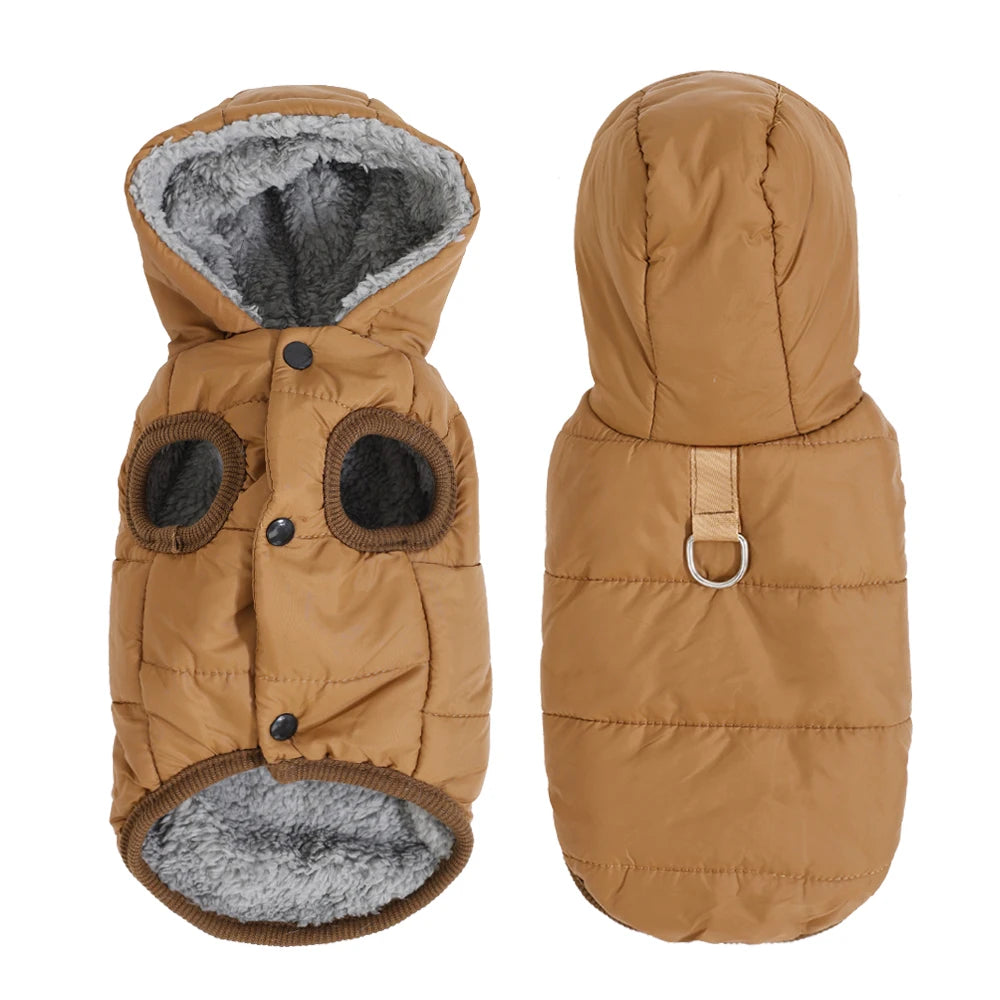 A tan waterproof hooded dog jacket with a gray fleece lining and brown snaps.
