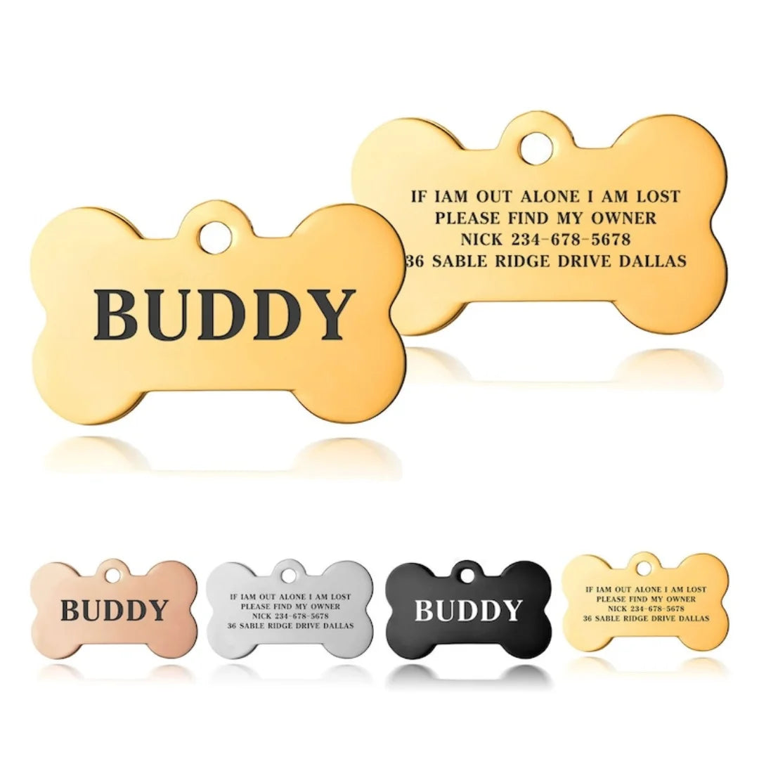 Gold stainless steel bone-shaped pet ID tag engraved with the name BUDDY