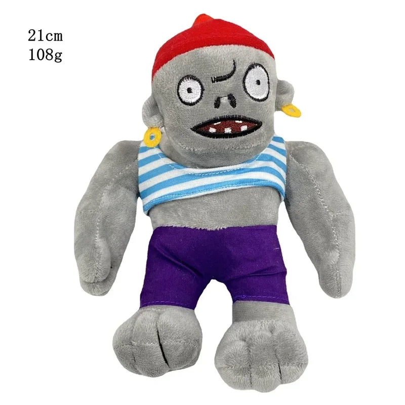 A plush toy of the Plants vs. Zombies Gargantuar with gray skin, red head, and purple shorts.