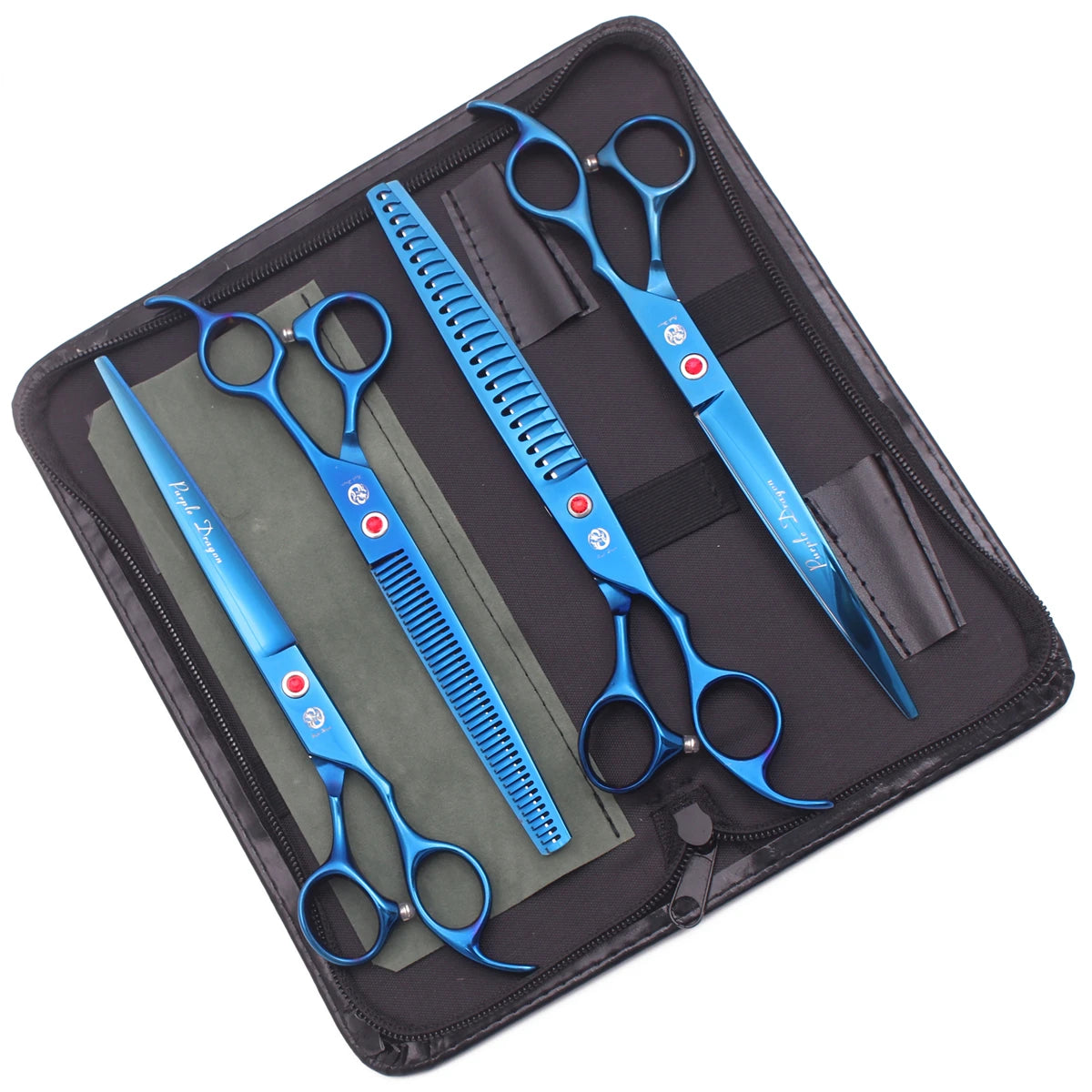 A black case holds a pair of blue professional stainless steel pet grooming scissors and a comb.