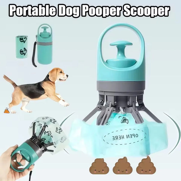 A portable dog pooper scooper featuring a handle and a dispenser for waste, shown with various components.