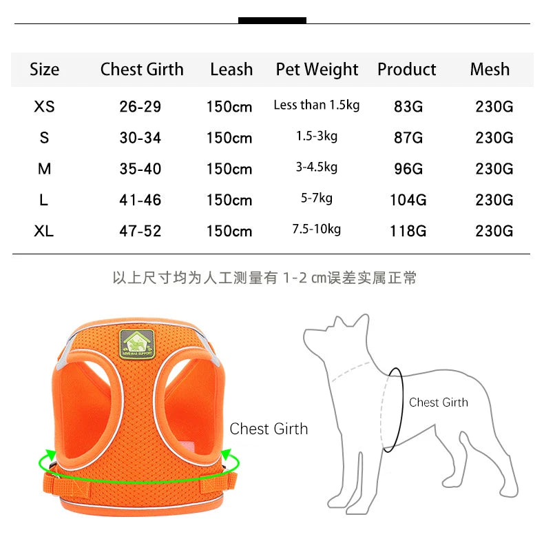 An orange vest harness for a dog, showing the chest girth measurement area and a diagram of the harness placement on a dog's 