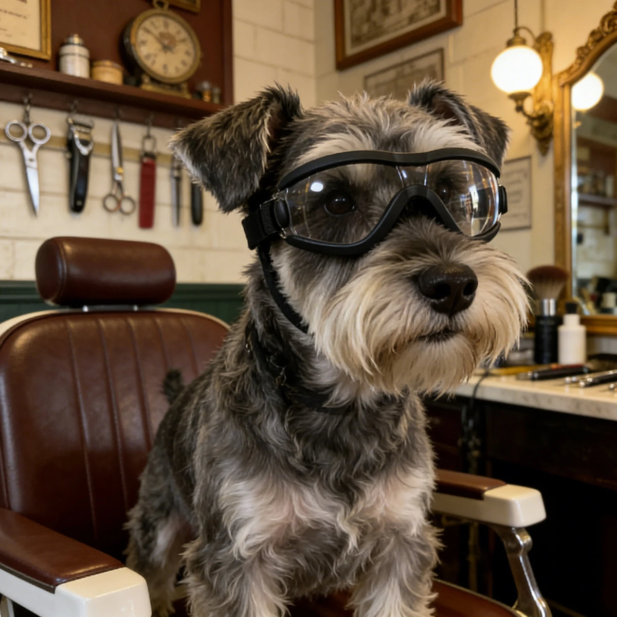 A scruffy dog wearing black UV protection sunglasses sitting in a leather chair.