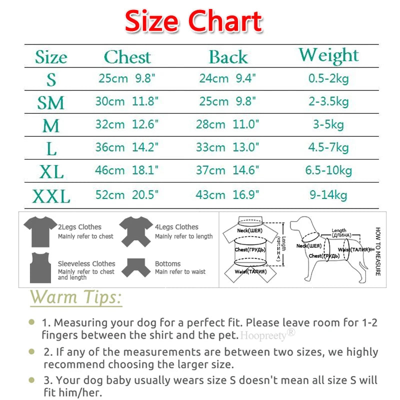 Size chart showing measurements for dog denim jumpsuit costumes in sizes S through XXL