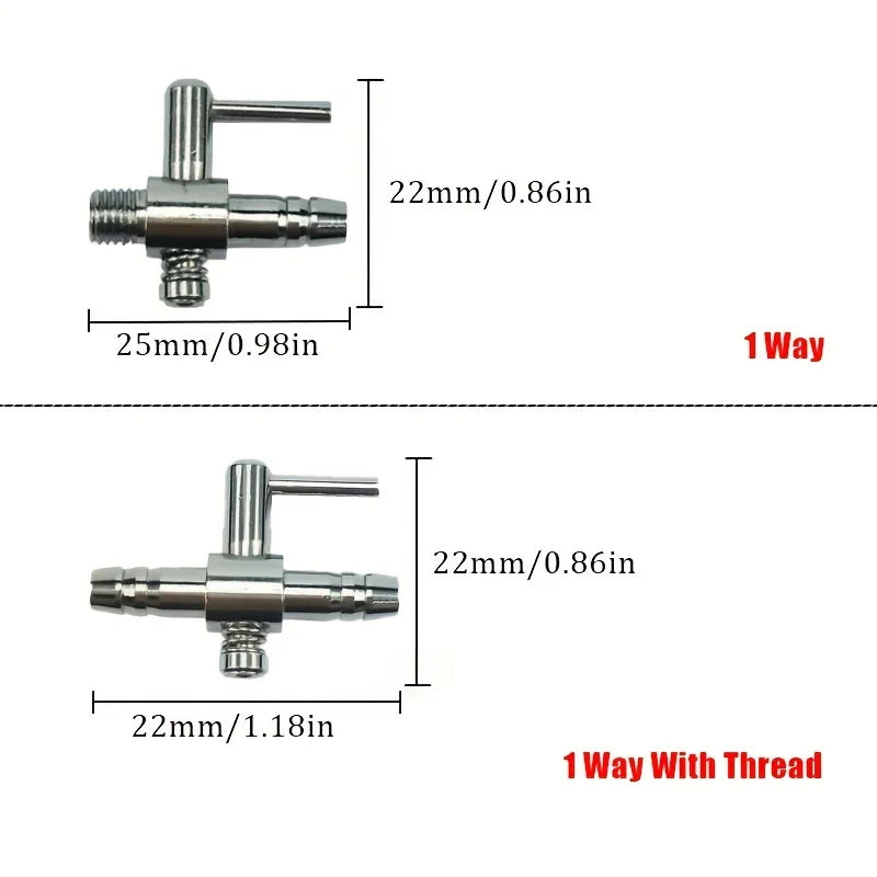 A silver aquarium air flow splitter valve with various thread sizes and a 1-way version.