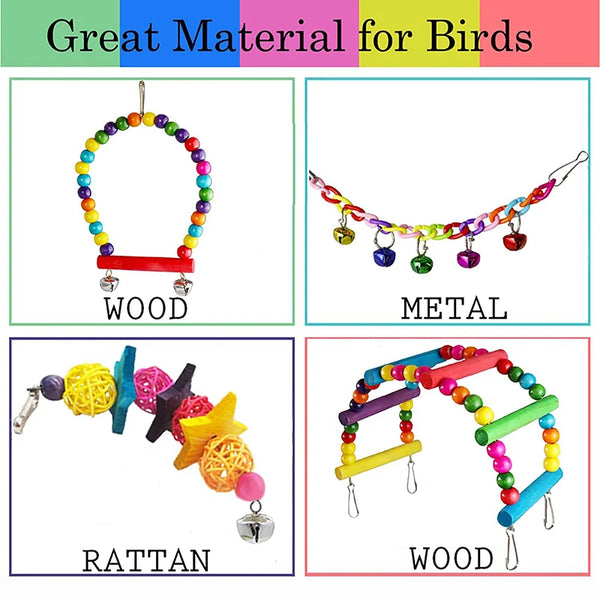 Un ensemble de jouets pour oiseaux en bois, métal et rotin, comprenant un collier de perles et des charms suspendus.