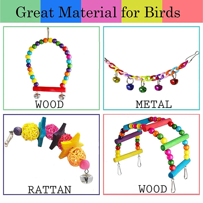 A collection of bird toys made from wood, metal, and rattan, including a swing and ladder set.