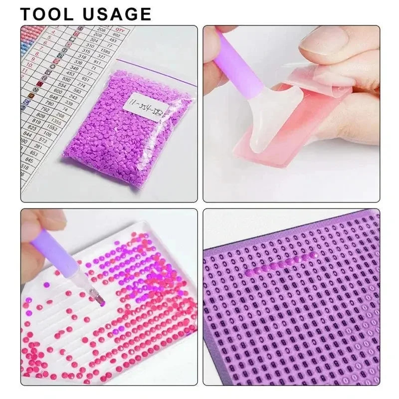 A collection of diamond painting materials including colored beads and a pink tool being used for mosaic art.