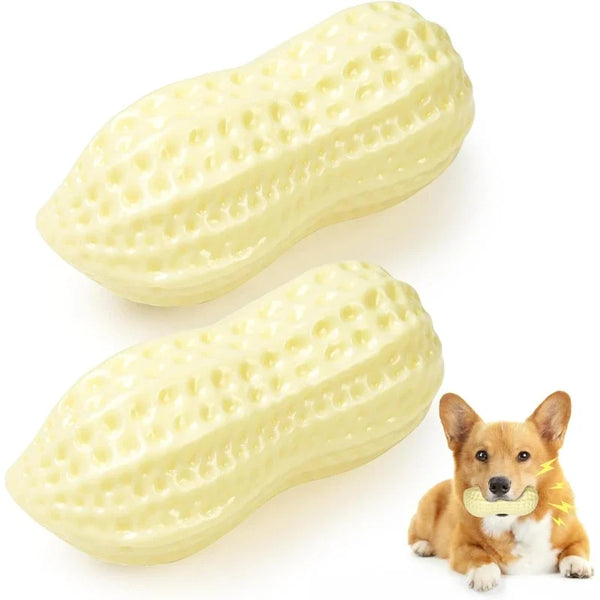 Two peanut-shaped squeaky dog toys made of durable rubber for chewing and teeth cleaning